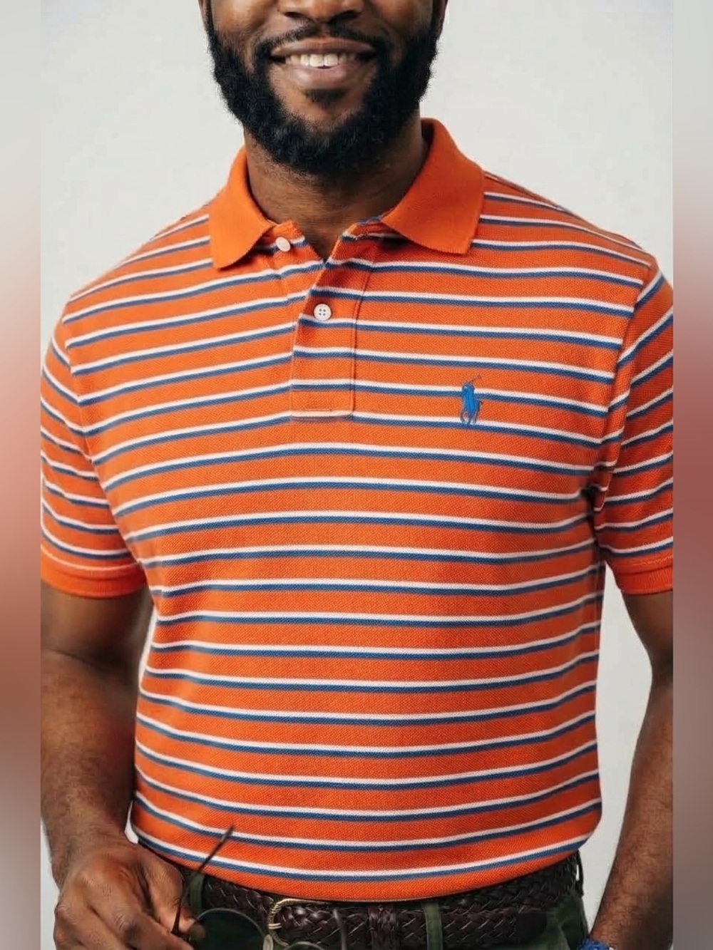 POLO Ralph Lauren Striped Mesh Polo Shirt Orange Blue White Size XL Preppy